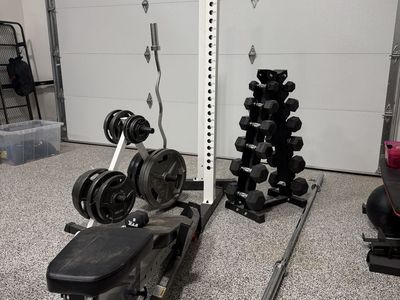 squat rack bench and weights