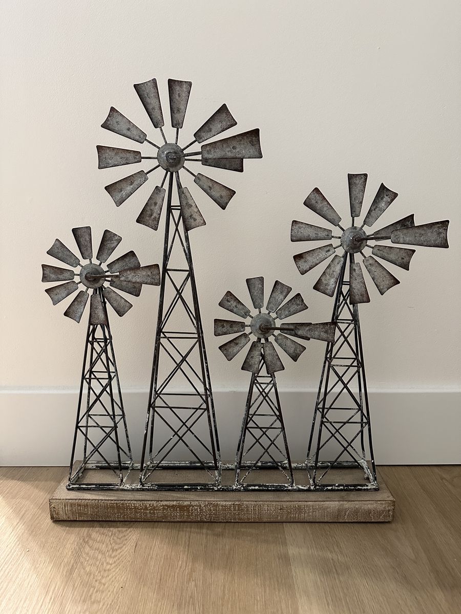 Rustic Galvanized Metal Multi-Windmill Table Sculpture on Wooden Base Decor