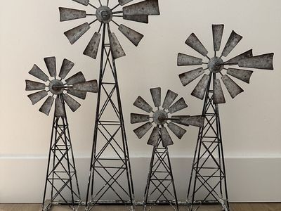 Rustic Galvanized Metal Multi-Windmill Table Sculpture on Wooden Base Decor