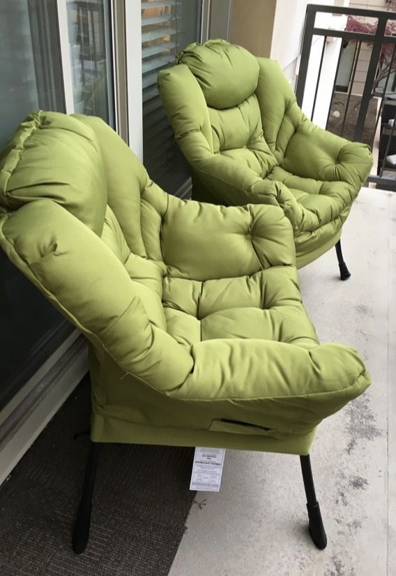 Set of 2 Green Padded Lounge Chairs with Black Metal Legs and foot rests (not pictured)