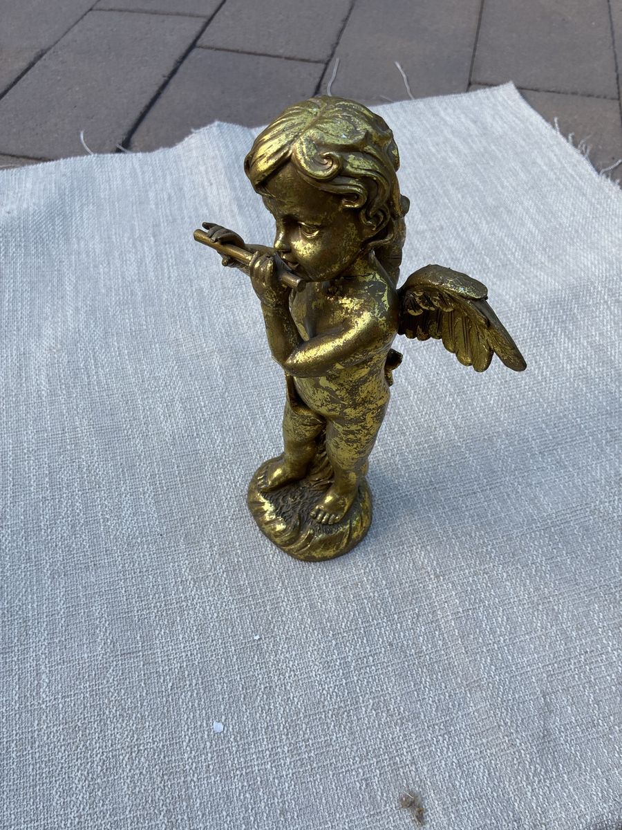 Vintage Gold Cherub Angel Playing Flute Figurine Statue - 6.5" Tall, Ornate Decor