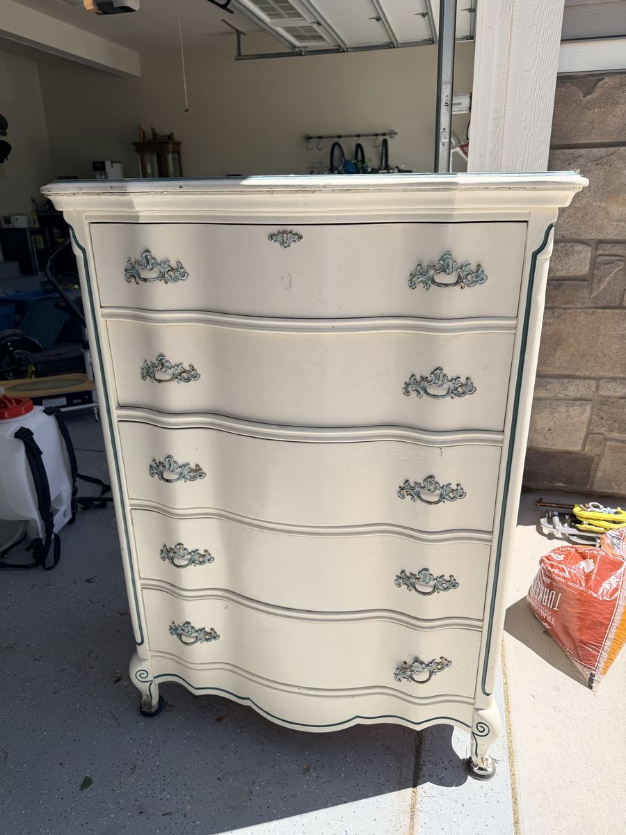 Vintage French Provincial Style Tall Dresser Cream with Green Trim 5 Drawers