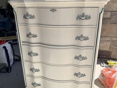 Vintage French Provincial Style Tall Dresser Cream with Green Trim 5 Drawers
