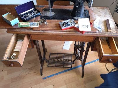 Vintage Singer Treadle Sewing Machine with Cabinet and Accessories