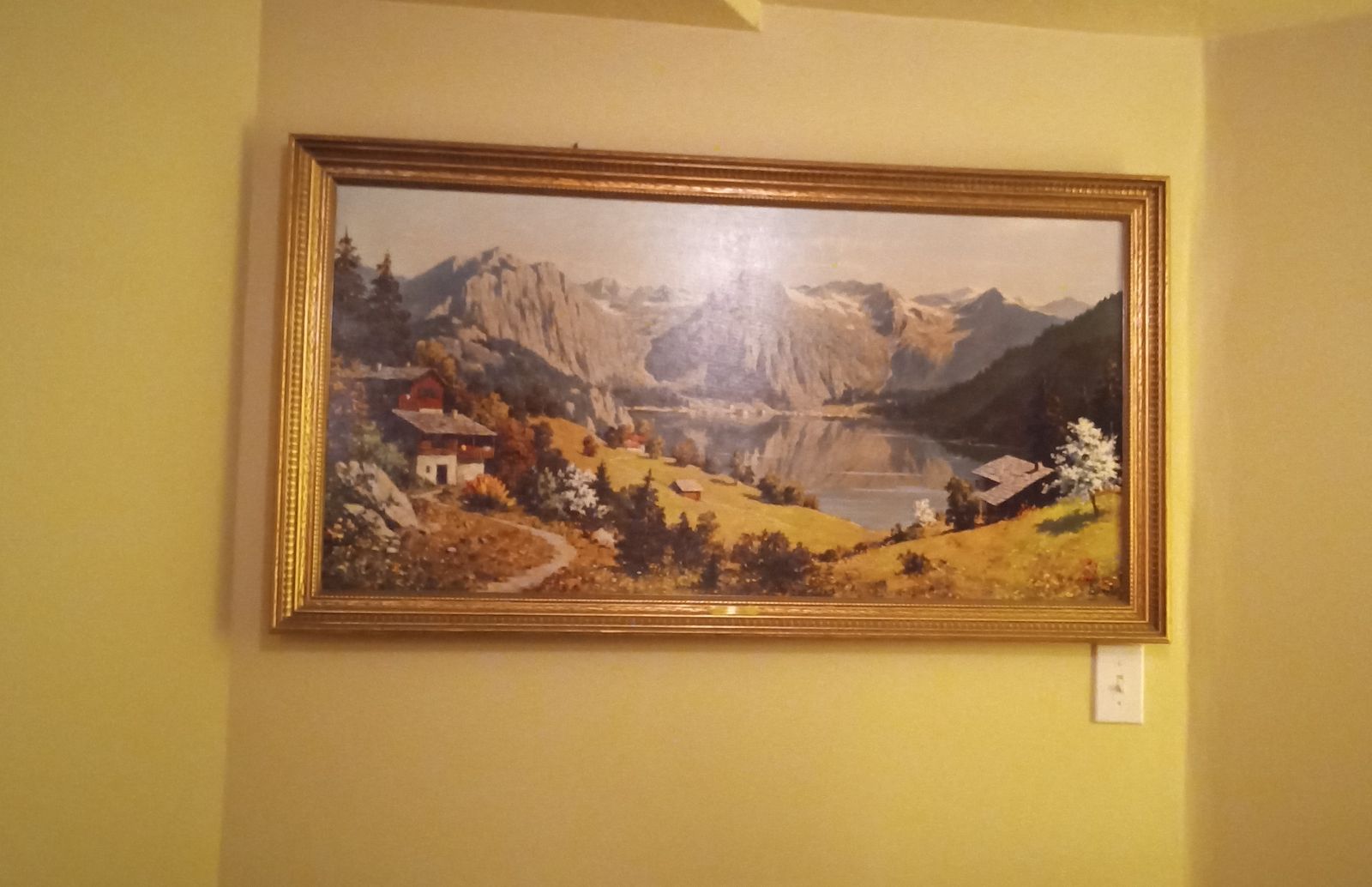 Large Framed Mountain Landscape Oil Painting with Gold Frame