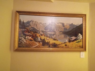 Large Framed Mountain Landscape Oil Painting with Gold Frame