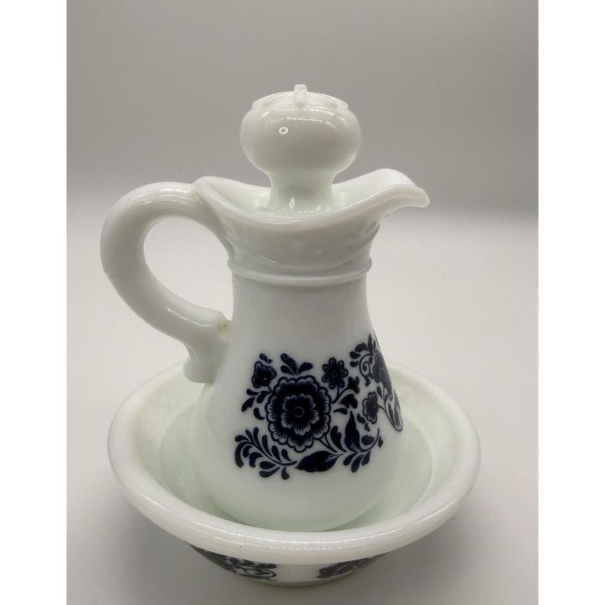 Vintage Avon Milk Glass Delft Blue Pitcher and Bowl holds 5 fluid ounces