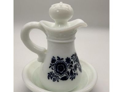 Vintage Avon Milk Glass Delft Blue Pitcher and Bowl holds 5 fluid ounces
