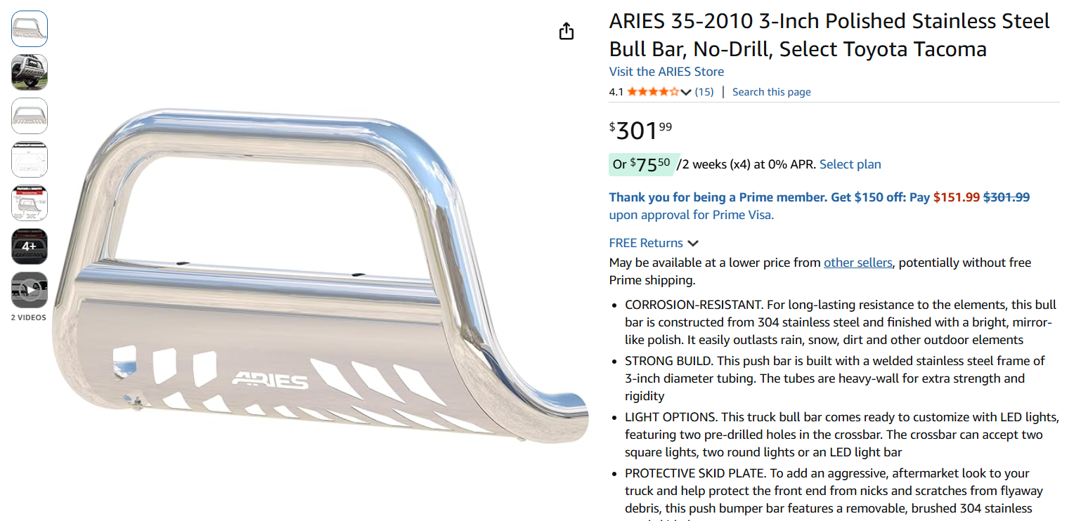 aries bull bar for a toyota tacoma 2016 to 2023