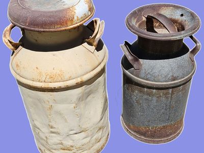 Vintage Metal Milk Cans Pair - Rustic Farmhouse Decor