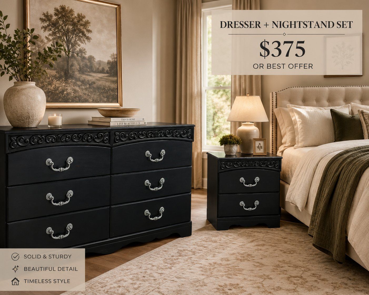 Black Carved Wood Dresser & Nightstand Set - 6-Drawer Dresser, 2-Drawer Nightstand