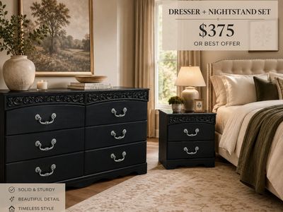 Black Carved Wood Dresser & Nightstand Set - 6-Drawer Dresser, 2-Drawer Nightstand
