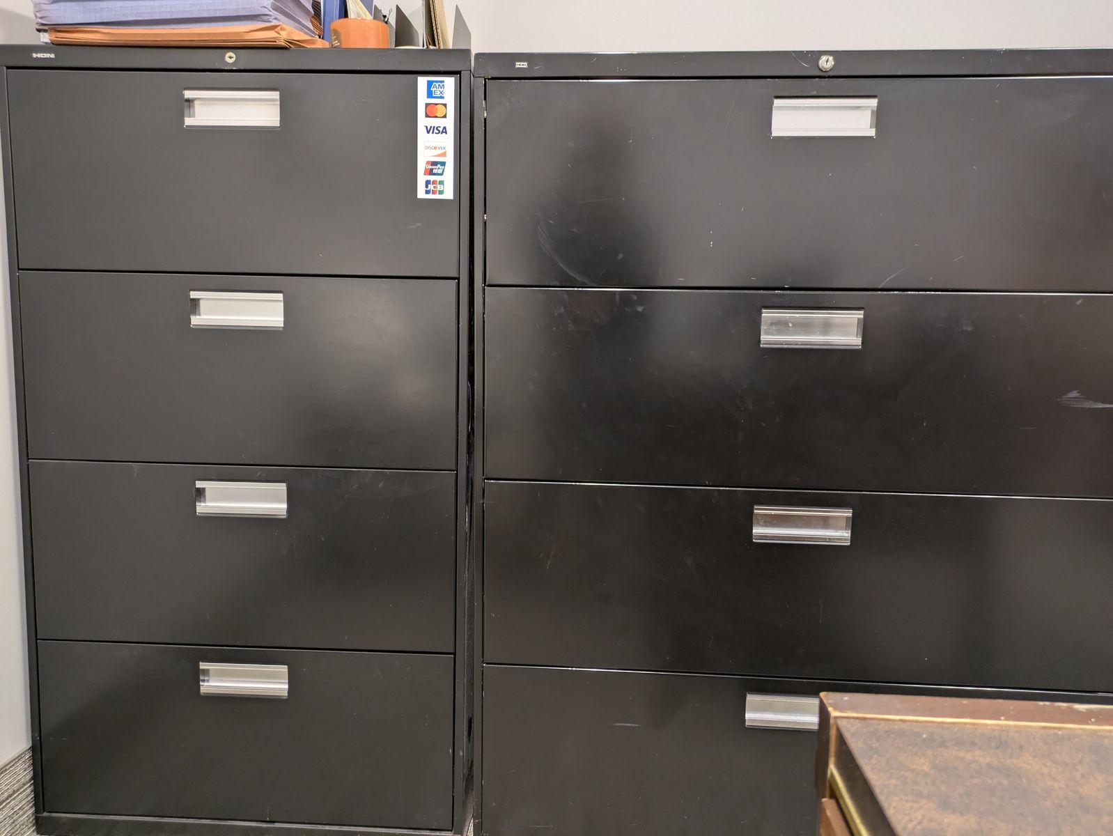 Law office filing cabinets:  one four-drawer letter size, one four-drawer legal size, and one two-drawer letter-size