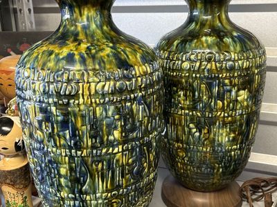 BIG, bold, and beautiful PAIR of vintage mid century modern ceramic lamps drip glaze, MCM