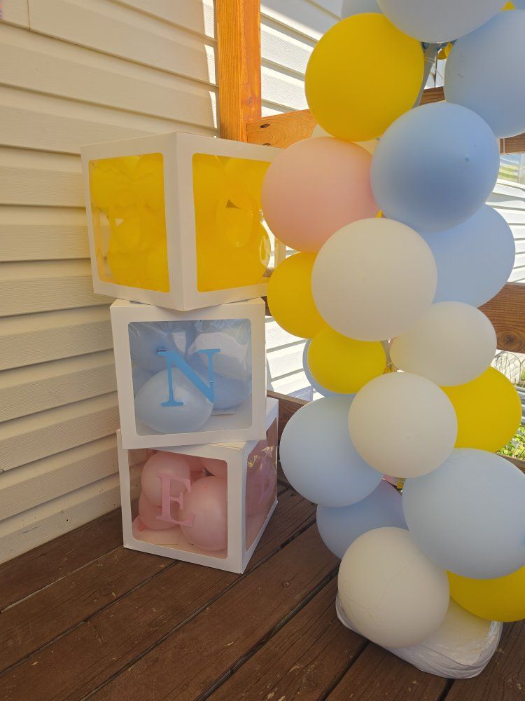 Baby Birthday Balloon Boxes - "ONE" Vinyl Letters, White Cubes, Pastel Colors, Reusable Decor