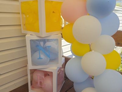 Baby Birthday Balloon Boxes - "ONE" Vinyl Letters, White Cubes, Pastel Colors, Reusable Decor