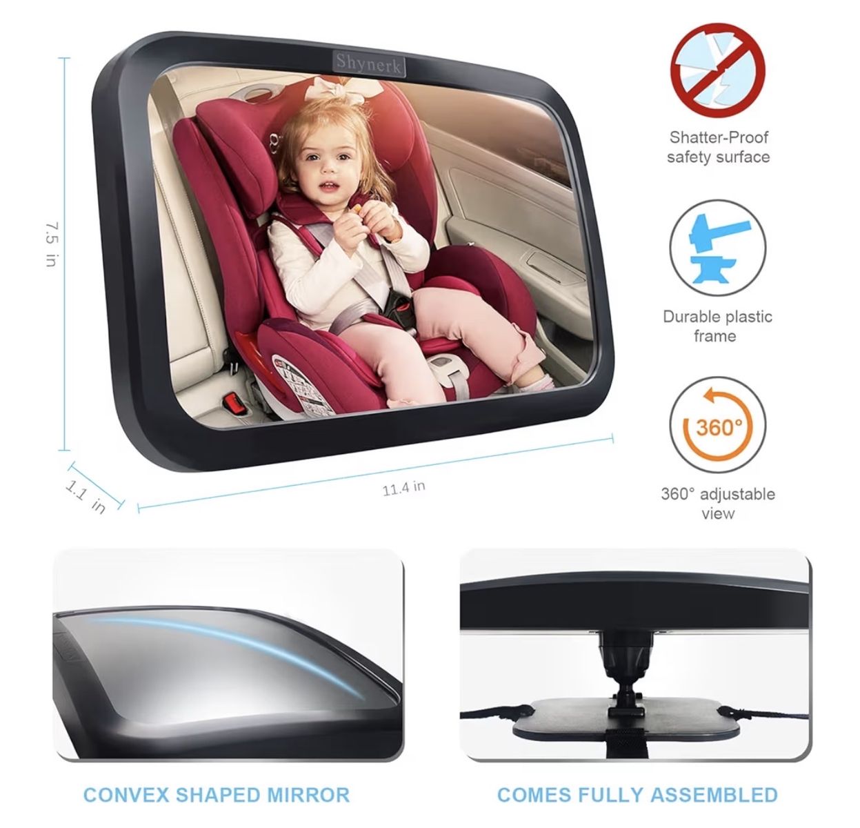 Shynerk Baby Car Mirror for Rear-Facing Infant - Wide Crystal Clear View, Shatterproof, 360° Rotation