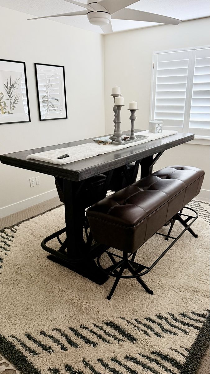 Counter Height Dining Table Set with Brown Leather Tufted Bench & Stools - Excellent Condition