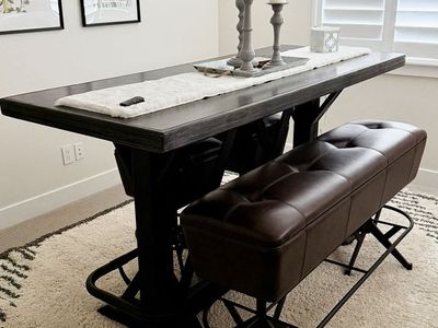 Counter Height Dining Table Set with Brown Leather Tufted Bench & Stools - Excellent Condition