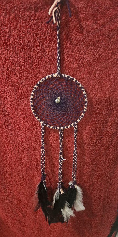 Handmade Purple & Cream Dreamcatcher with Black & White Feathers - Unique Wall Decor Art