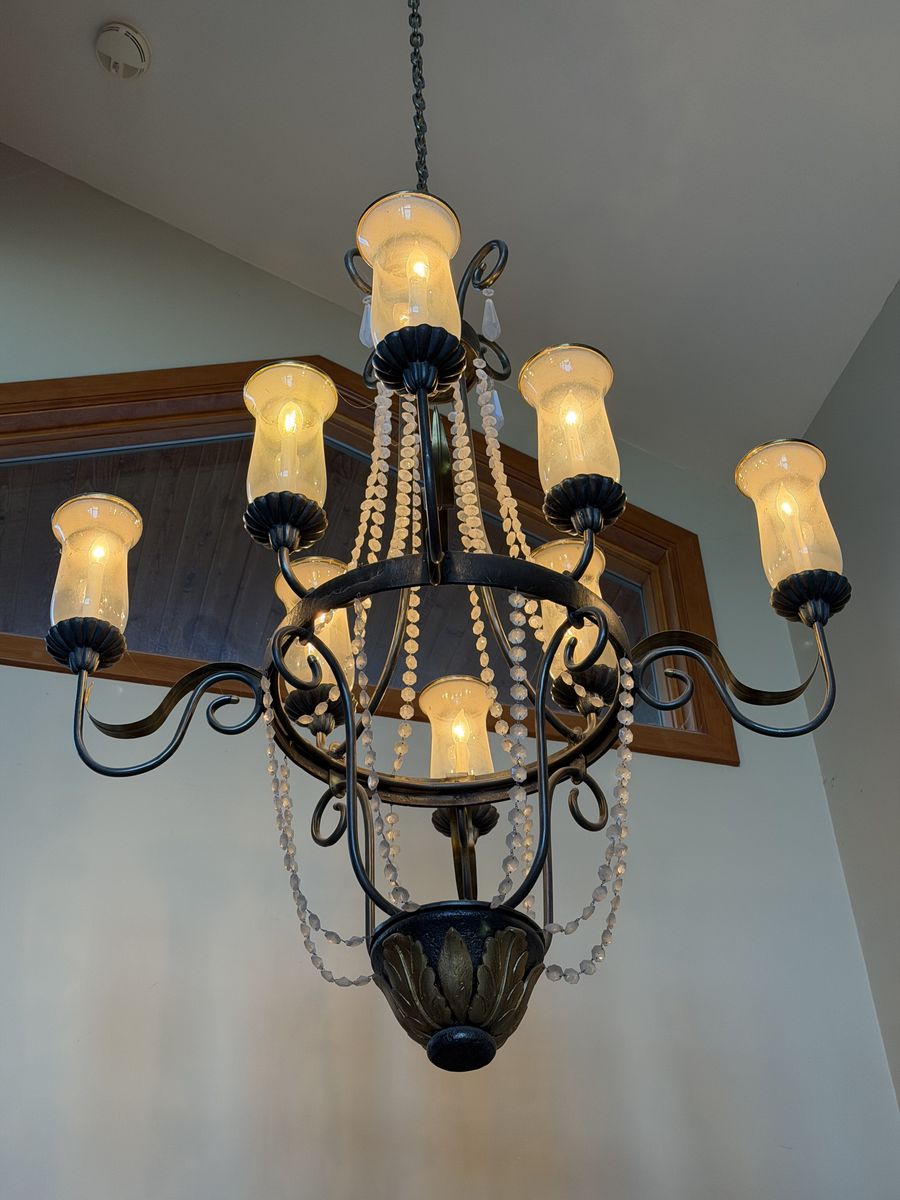 Stunning 9-Light Hammered Iron & Crystal Chandelier