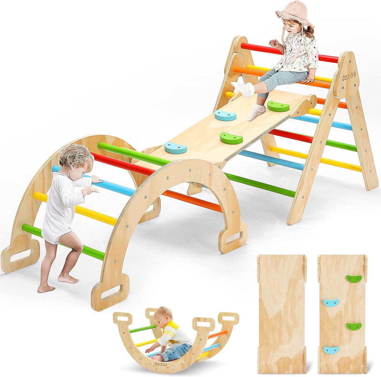 CoziBB Pikler Triangle Set, 5in1 Large Wooden Montessori Climbing Toys -Rainbow