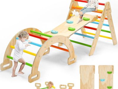 CoziBB Pikler Triangle Set, 5in1 Large Wooden Montessori Climbing Toys -Rainbow