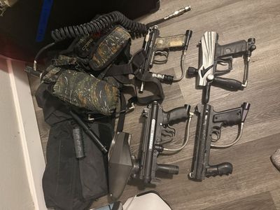Huge Paintball Gear Lot: Tippmann A-5, 98 Custom, Spyder Imagine, Tank, Hoppers, Pods, Vest, Core Pack