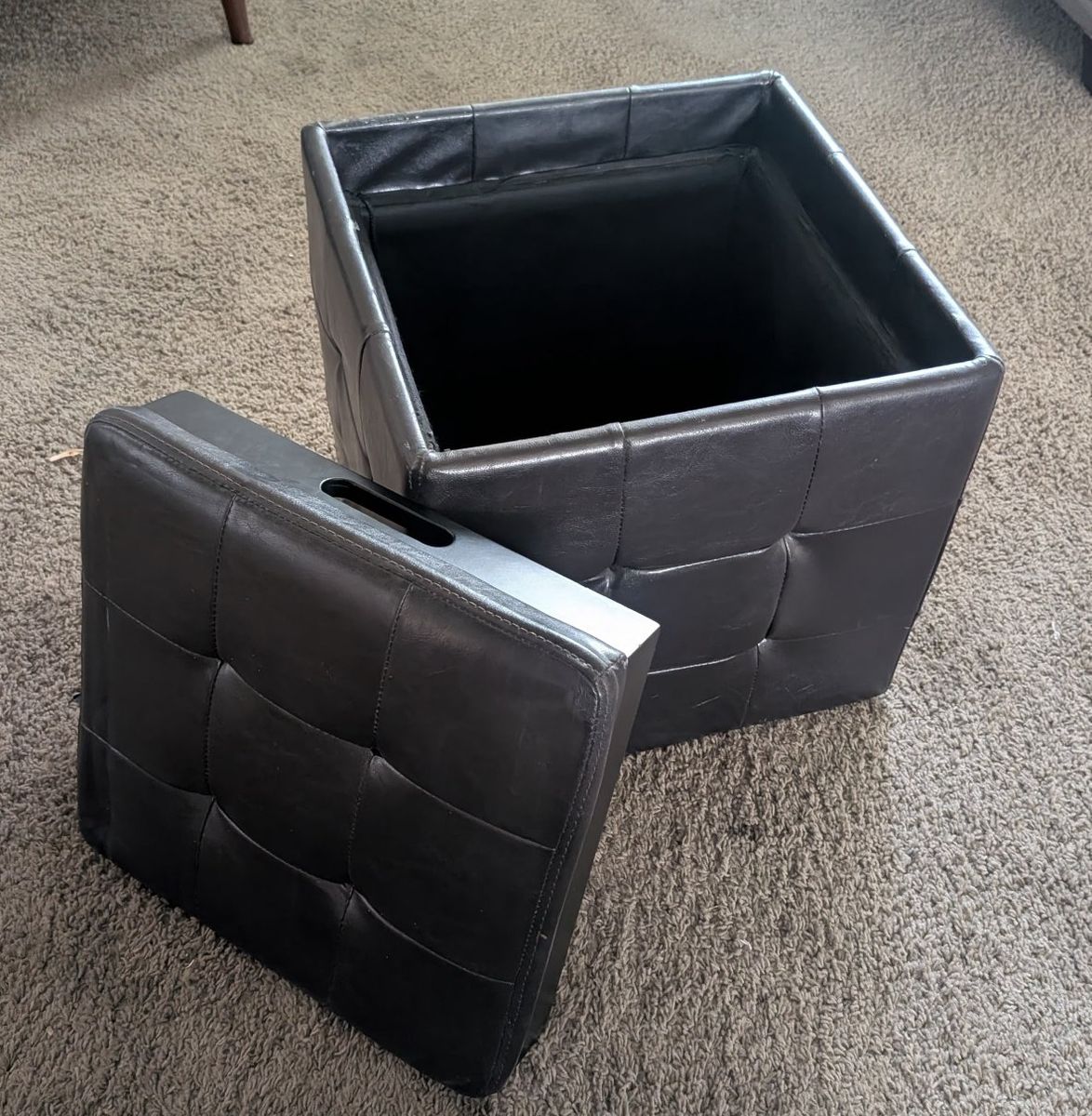 Black Tufted Faux Leather Storage Ottoman Cube Footrest