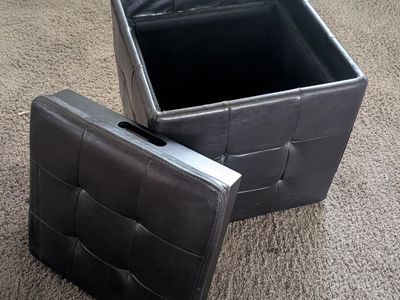 Black Tufted Faux Leather Storage Ottoman Cube Footrest