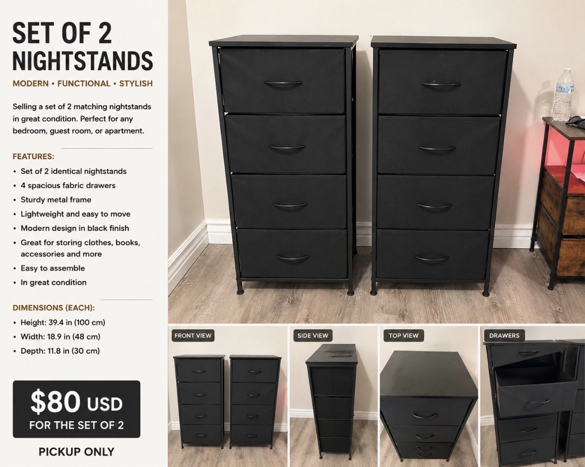 Set of 2 Modern Black 4-Drawer Fabric Nightstands - 39.4" Tall, Metal Frame