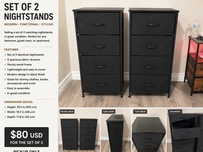 Set of 2 Modern Black 4-Drawer Fabric Nightstands - 39.4" Tall, Metal Frame