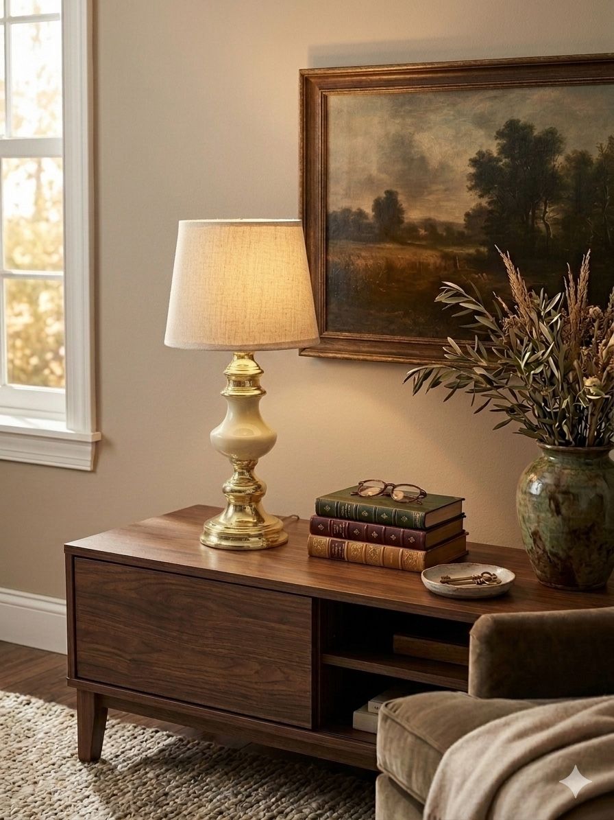 Vintage Cream Ceramic and Brass Lamp
