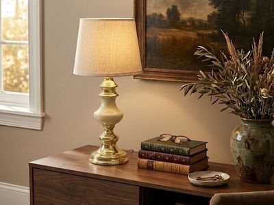 Vintage Cream Ceramic and Brass Lamp