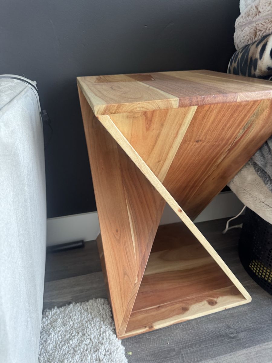 Unique Twisted Wood End Table / Side Table, Modern Geometric Design, Solid Wood Construction