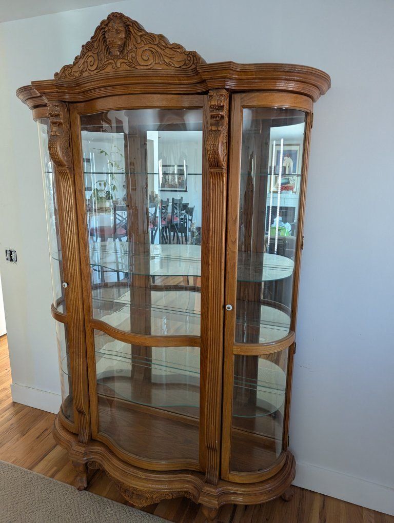 Ornate Carved Oak China Cabinet Curio  with Glass Shelves and Lion Detail