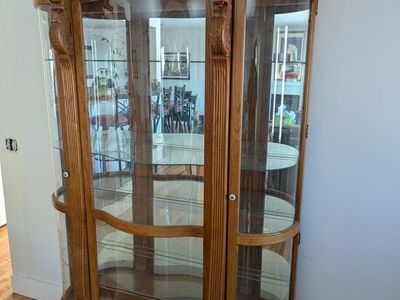 Ornate Carved Oak China Cabinet Curio with Glass Shelves and Lion Detail