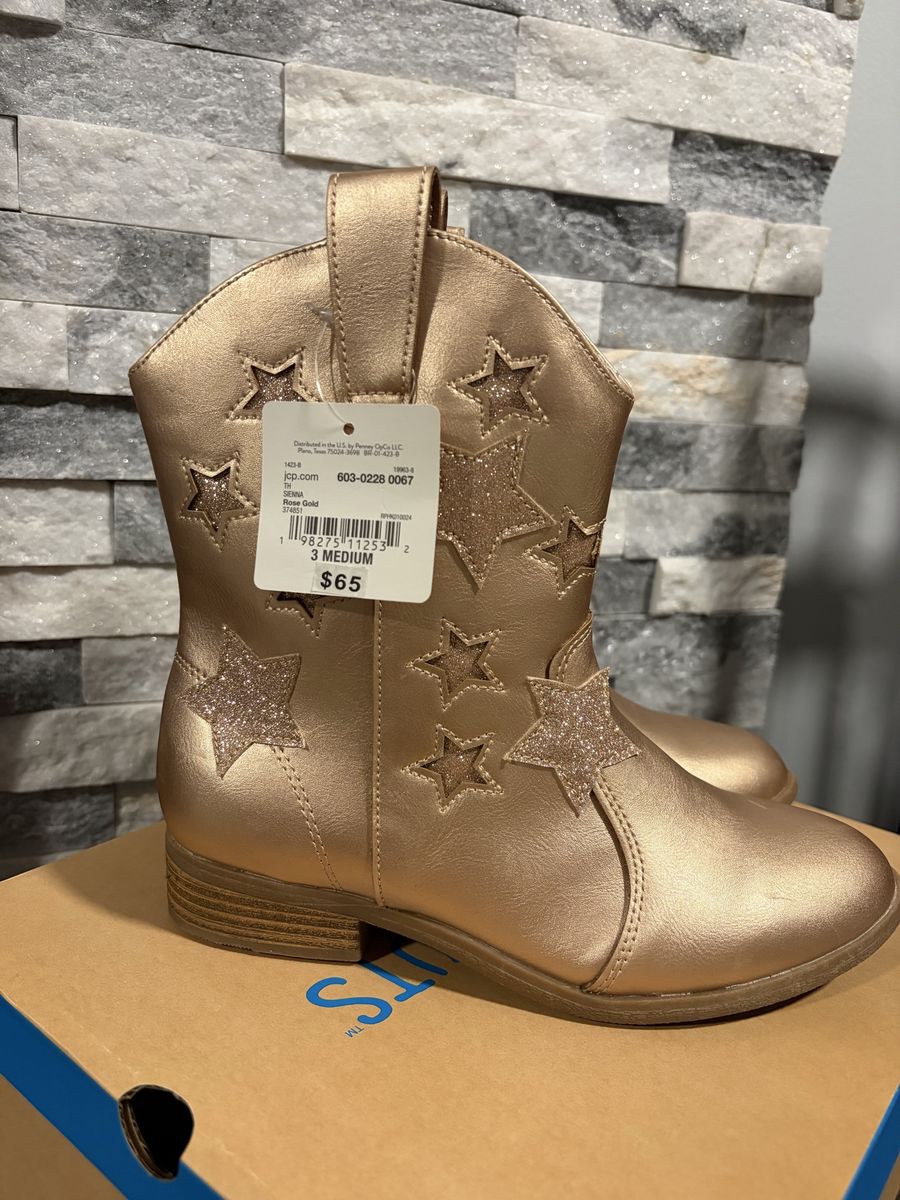 Girls Sparkly Star Western Boots - Rose Gold - Size 3 Medium - New with Tags