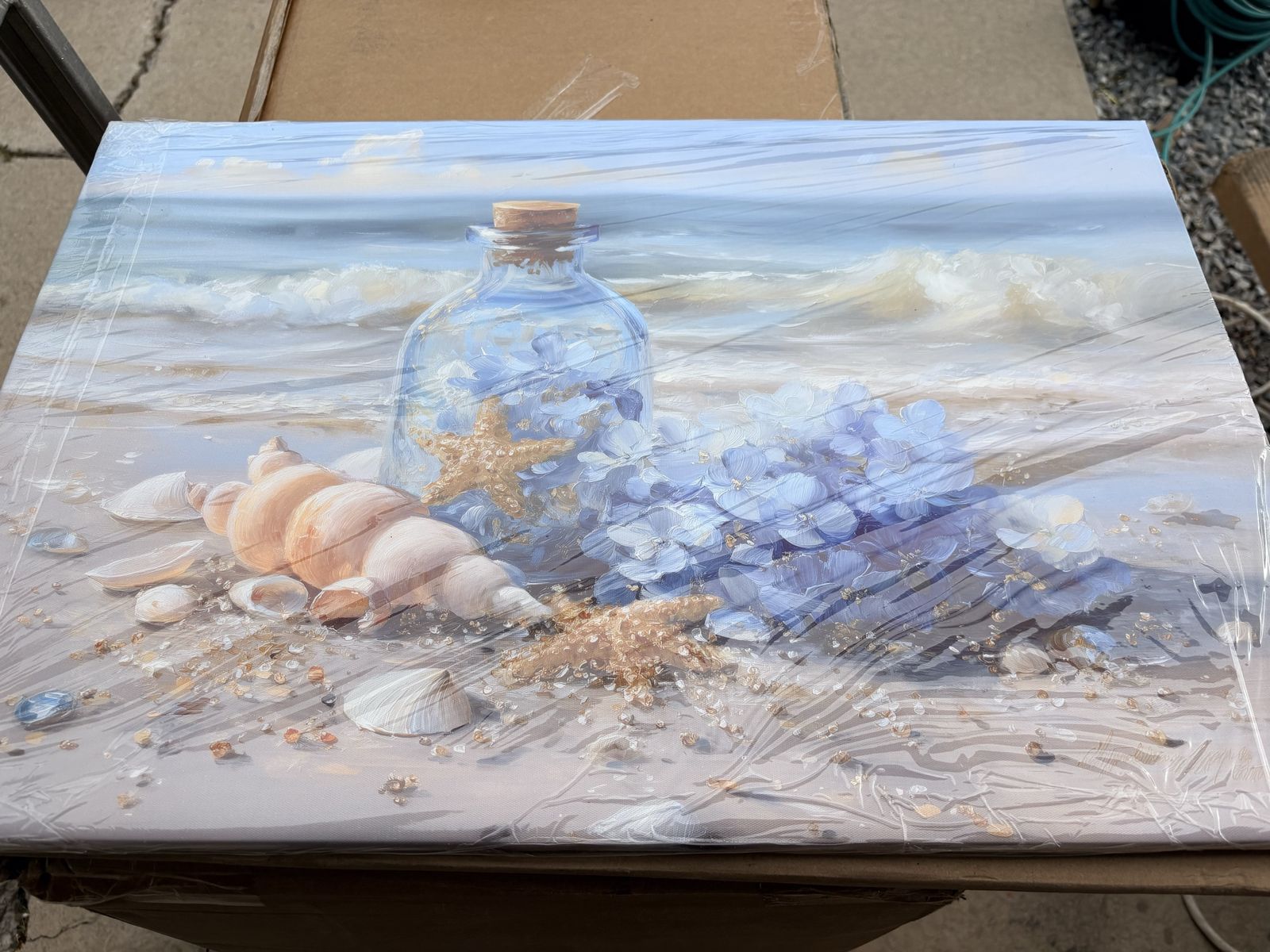Brand new Canvas Wall Art - Message in a Bottle, Hydrangeas & Seashells