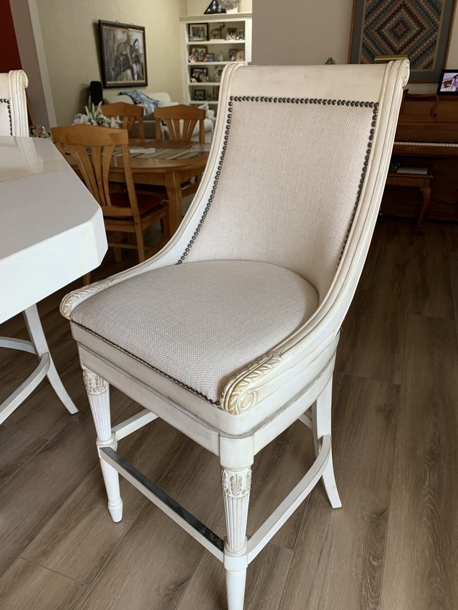Vintage Style Cream Upholstered Swivel Bar Stools with Nailhead Trim - Set of 3.