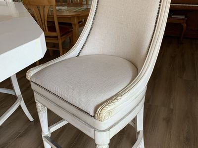 Vintage Style Cream Upholstered Swivel Bar Stools with Nailhead Trim - Set of 3.