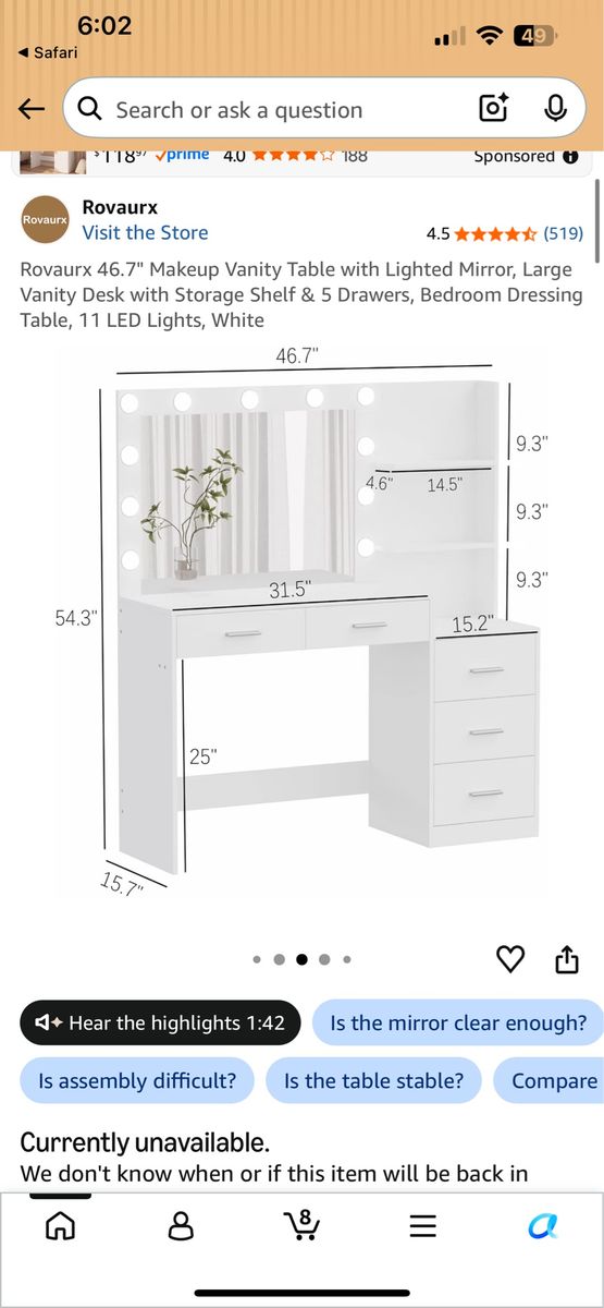 Rovaurx 46.7" Makeup Vanity Table with Lighted Mirror and 5 Drawers