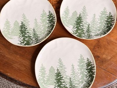 Set of 3 Ceramic Dinner Plates with Green Pine Tree Forest Print