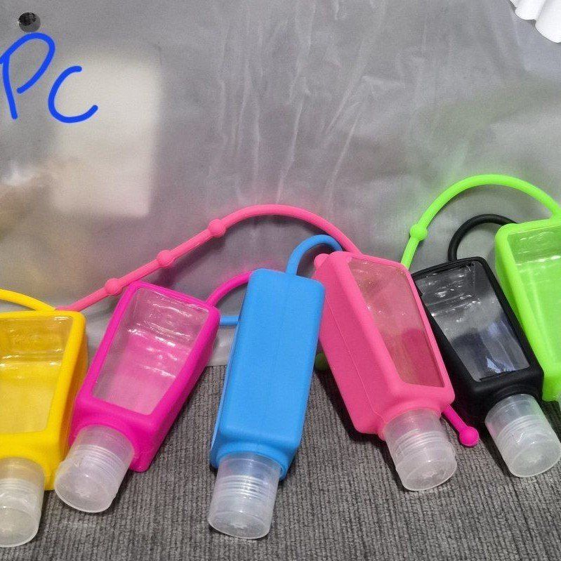 New 6PC Travel Size Hand Sanitizer Bottle Holders, Multicolor Silicone Sleeves with Hooks.