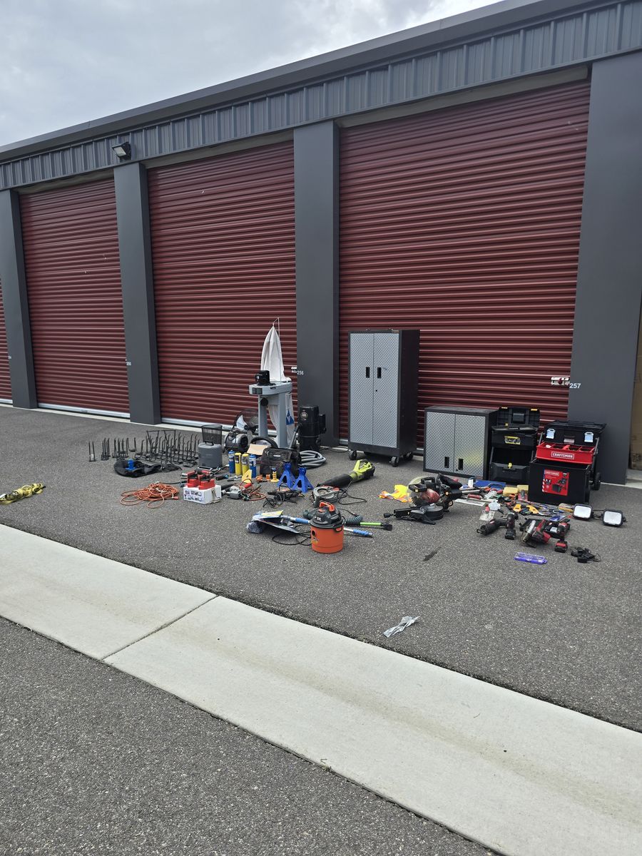 Gladiator Tool shop cabinets, shop vacs, rolling tool boxes, power tools, hardware and odds and ends.