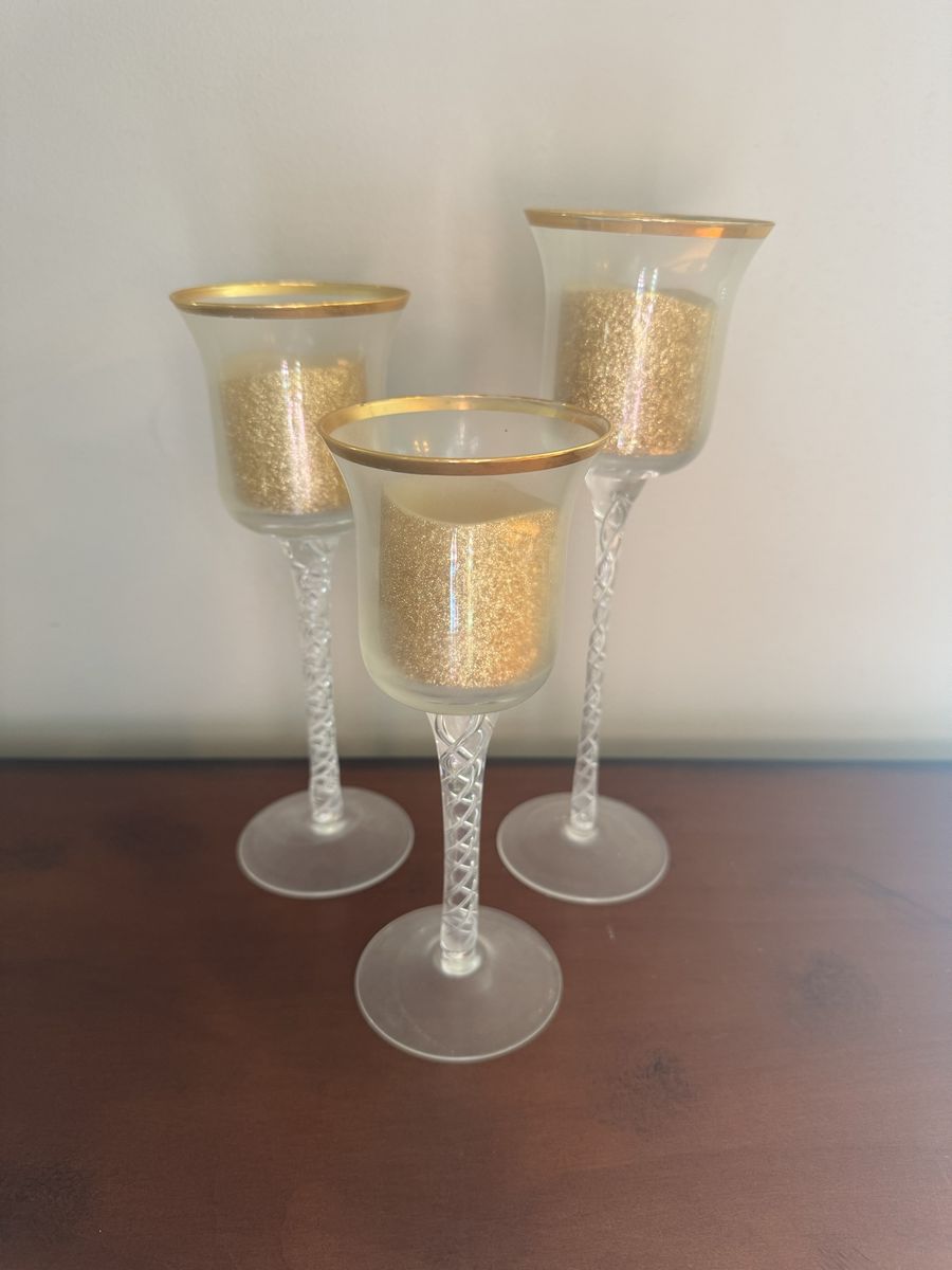 Set of 3 Clear Glass Gold Rimmed Candle Holders, Twisted Stem Design