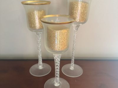 Set of 3 Clear Glass Gold Rimmed Candle Holders, Twisted Stem Design