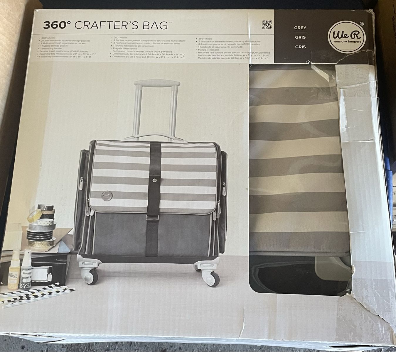 We R Memory Keepers 360 Crafter's Bag - Grey Stripe Rolling Craft Tote with Storage