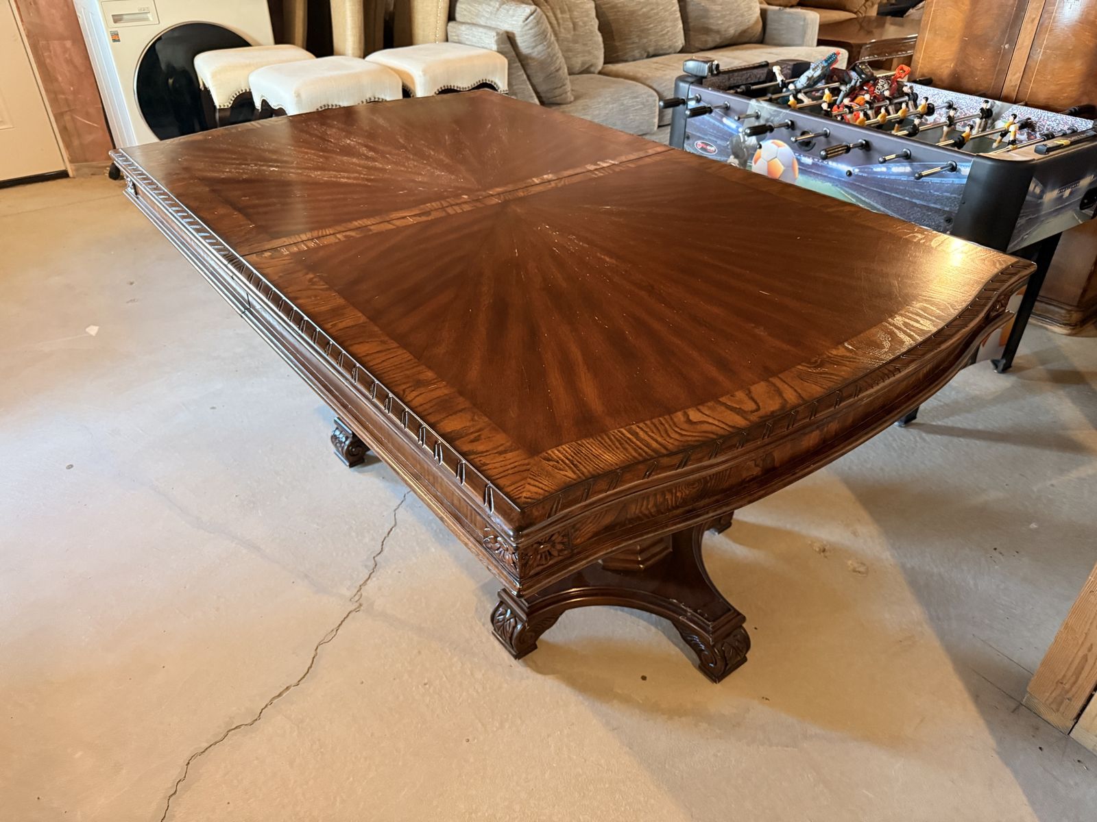 Ornate Wood Dining Table with Two Extension Leaves, 2 Pedestal Bases