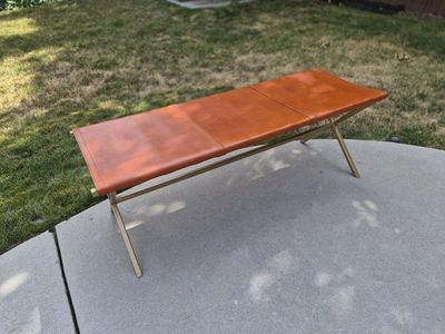 Modern Tan Leather and Metal X-Base Bench